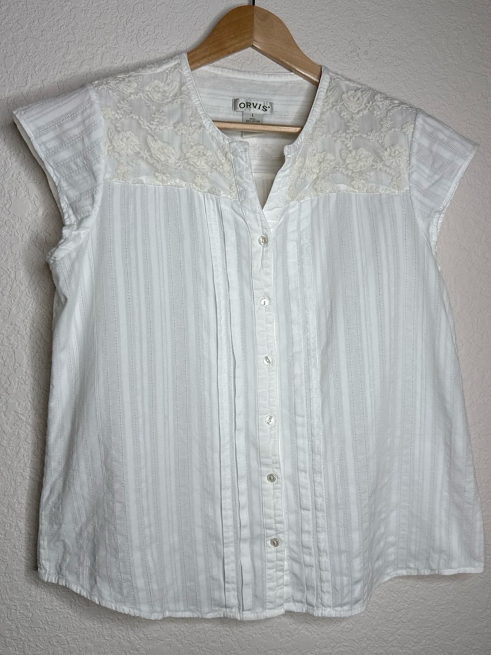 Orvis White Embroidered Yoke Cap Sleeve Blouse L Lace Detail Ivory Prairie Boho